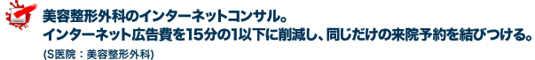 美容整形外科のインターネットコンサル。インターネット広告費を15分の1以下に削減し、同じだけの来院予約を結びつける。