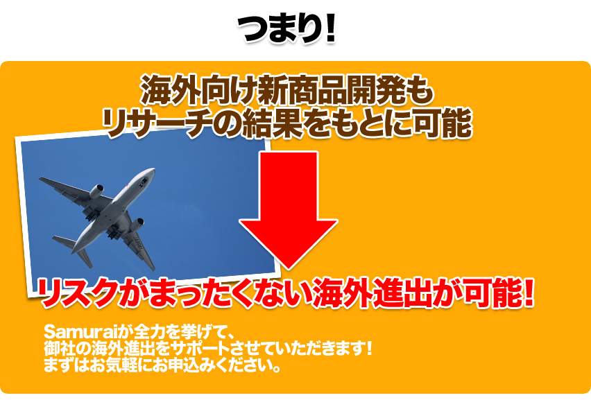 海外向け新商品開発もリサーチの結果をもとに可能→リスクがまったくない海外進出が可能！
