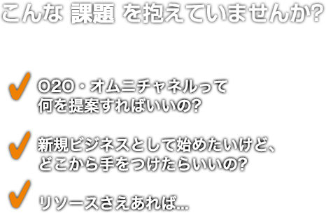こんな 課題 を抱えていませんか? O2O・オムニチャネルって何を提案すればいいの? /  新規ビジネスとして始めたいけど、どこから手をつけたらいいの? / リソースさえあれば...